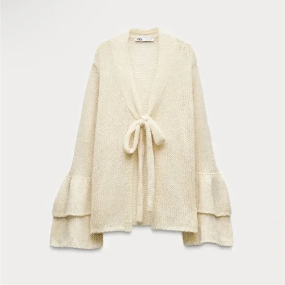 Zara Cream Knit Cardigan with Tie-Front - Picture 1 of 5